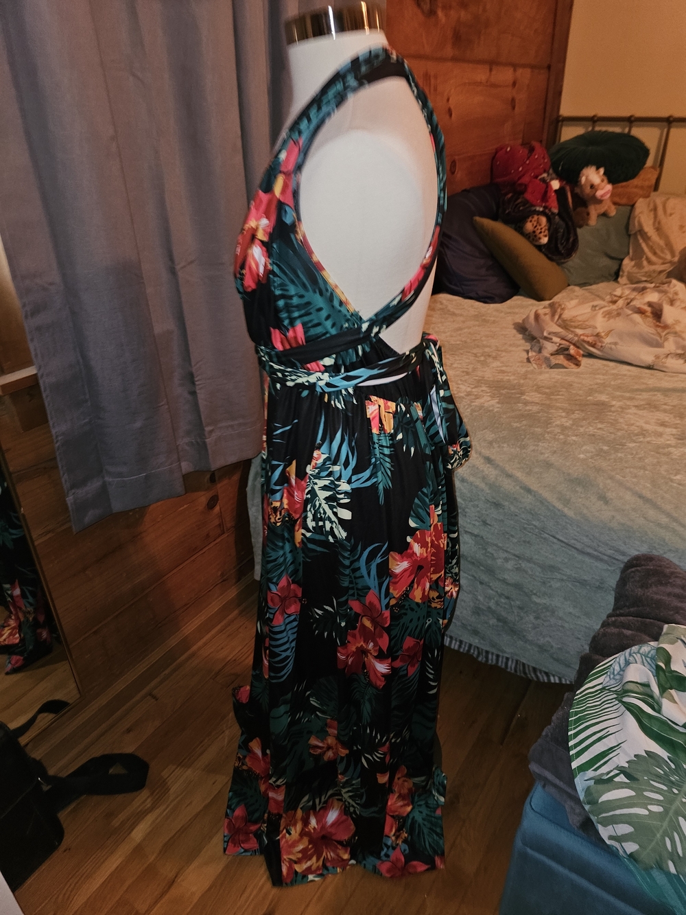 Halter Floral Maxi Dress in Black with Green & Pink Tropical Print - Picture 2 of 3